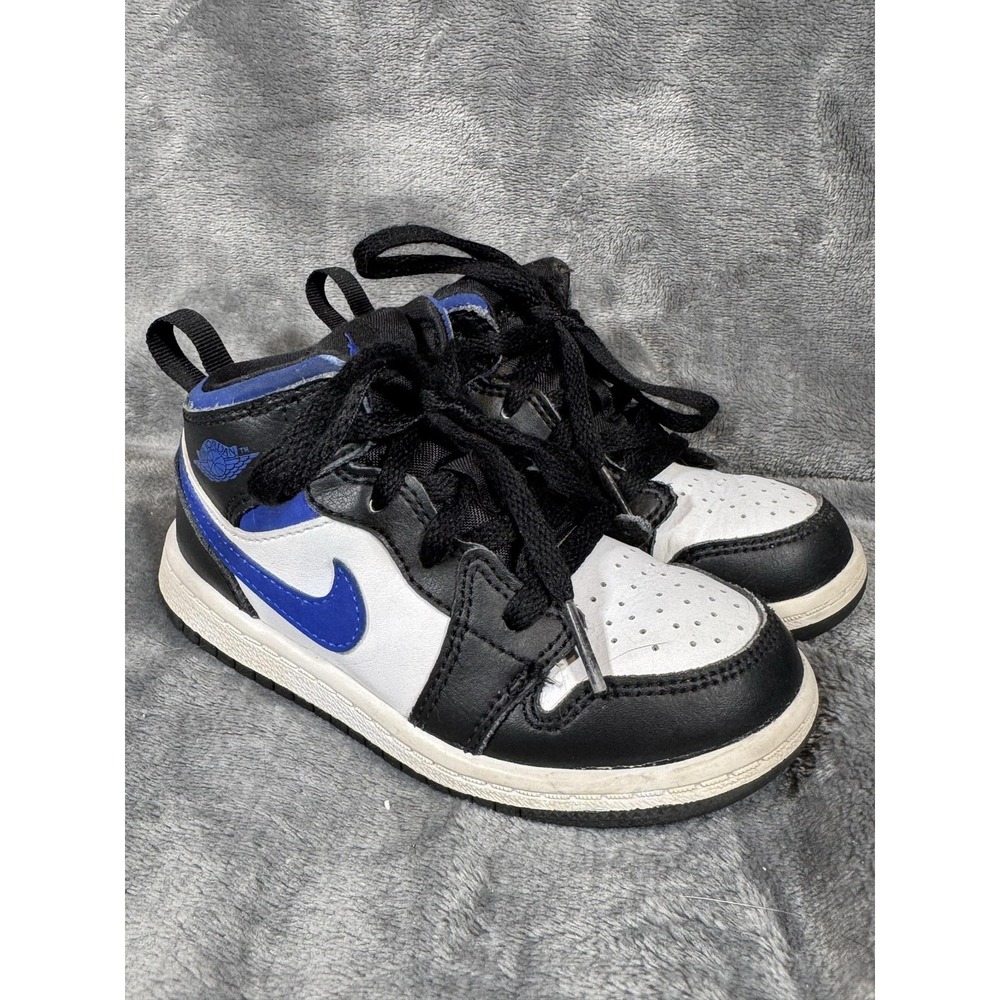 Jordan 1 Mid Shoes Kids Size 9C Black White Blue Basketball Sneakers 640735-140